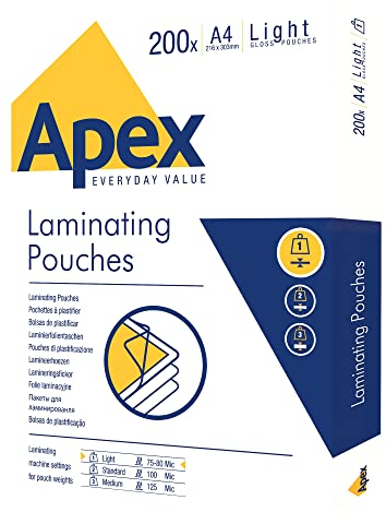 Fellowes Laminierfolien A4 APEX - Glänzendes Endergebnis - Heißlaminierfolien für Standard Anwendungen - Großpackung/Vorteilspaket - 200 Stück