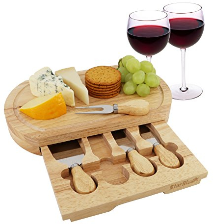 Cheese Board Set by StarBlue - Medium - with 4 Knives and Slide Out Drawer | Large Oak Wooden Cheese and Platter Cutting Serving Plate Tray | Best for Housewarming and Birthday Gift