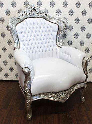 Casa Padrino Barock Sessel King Weiß/Silber Lederoptik - Möbel Antik Stil