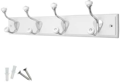 Keypak 4 Hook Wall-Mounted Coat Rack 45cm White Board, with Fixings | Ceramic Tip Coat Hooks for Coats, Hats, Bathroom and Entryways