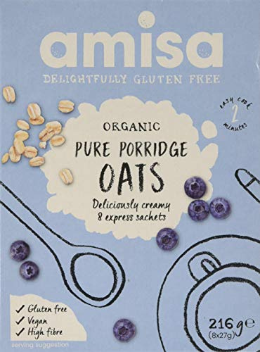 Amisa Organic Gluten-Free Porridge Oats 216g, Pack of 4 | 100% Organic, Convenient Porridge Sachets, High in Fibre, Naturally Gluten Free, Vegan