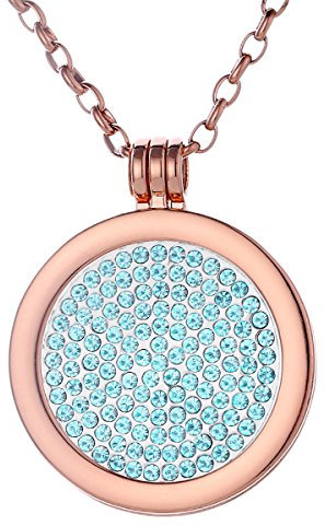 Morella Damen Halskette Rosegold 70 cm Edelstahl mit Amulett und Coin 33 mm Glitzersteine hellblau in Schmuckbeutel