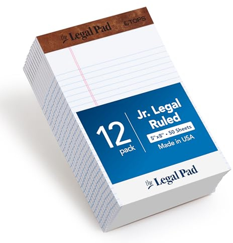 TOPS Legal Pads, 12 Pack, 50 Jr. Legal Ruled 5 x 8 Sheets, Bright White Paper with Firm Back, Small Portable Notepads, Proudly Made in the USA