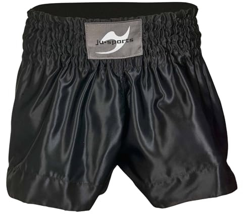 Ju-Sports Thaiboxhose Color Schwarz I Thaibox Shorts im typischen Thai-Schnitt I 100% Polyester I Breiter Boxerbund & Zusatzschnürung I Auch für Kickboxen UVM.