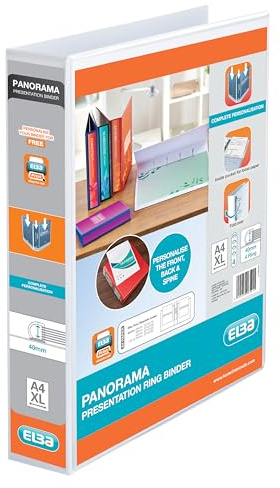 Elba A4 4 D-Ring Binder, 40mm Capacity, 60mm Spine, Presentation Folder with Customisable Cover, Portrait, White (Pack of 6)