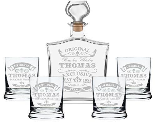 5-TLG Geschenk-Set mit Whiskeyflasche und 4 Whiskygläser - Edle Glas-Karaffe Inhalt: 700ml - Personalisiert mit Gravur - Motiv Original-Exklusive