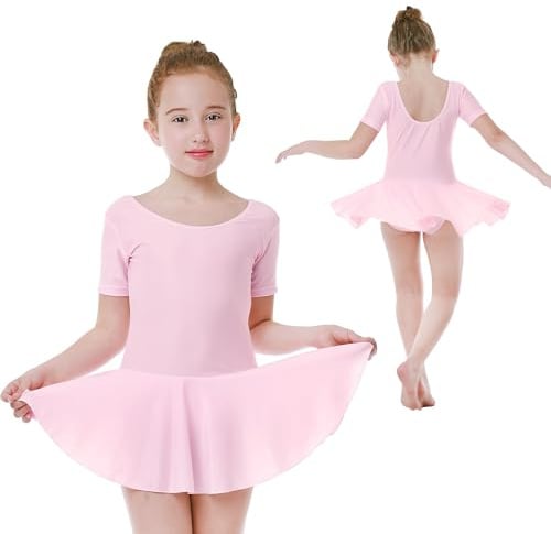 Ballet Dress for Girls Tutu Skirt Dance Leotard Short Sleeve 3-10 Years | Leotard with Attached Skirt, Milky Silky Stretch Bodice, Breathable Soft Feel, Perfect for Gymnastics Practice and Recital