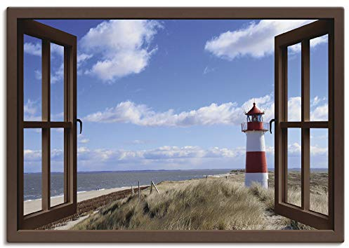 ARTLAND Wanddeko Leinwand Bilder Wandbild 100x70 cm Fensterblick Fenster Strand Meer Maritim Düne Leuchtturm Sylt Nordsee T5SC