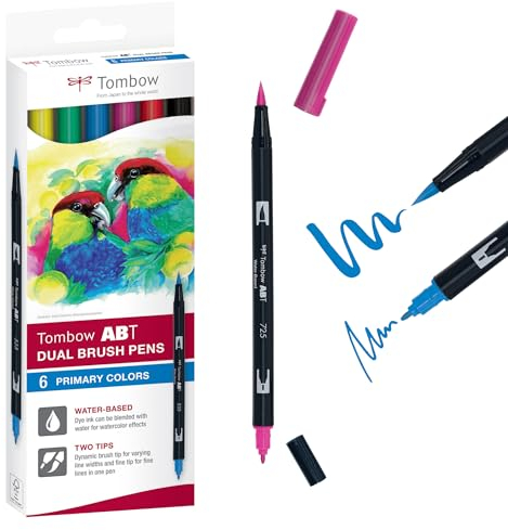 Tombow ABT-6C-1 Fasermaler Dual Brush Pen mit zwei Spitzen, 6-er Set, primärfarben