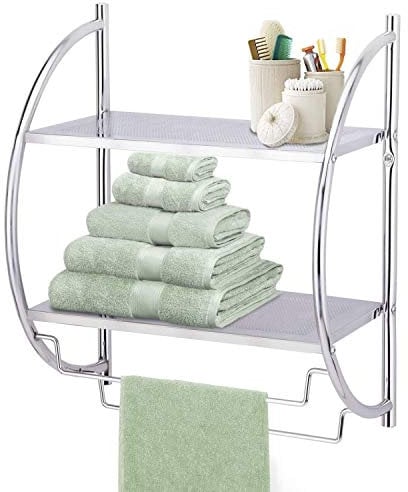 Taylor & Brown 2 Tier Modern Chrome Wall Mounted Curved Bathroom Shelf Shelving Unit With Double Towel Holder Storage Rail Rack - W44 x D25 x H54.5cm