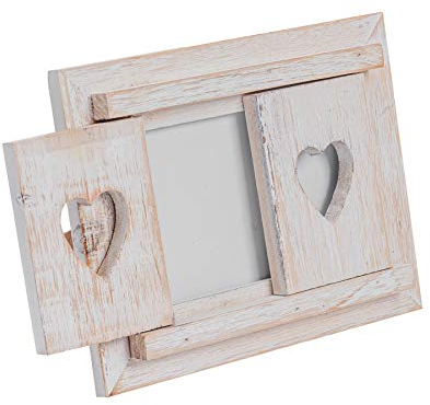 Nicola Spring Freistehender Fotorahmen passend für Fotogröße 15 x 10 cm (6 x 4 Zoll) - 1 Stück - rustikaler Bilderrahmen aus Naturholz mit weißen Herzfensterläden, freistehender Posterrahmen