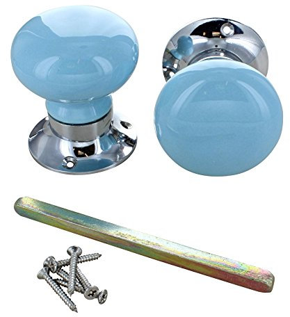 G Decor Perfect Edit Light Blue Set of Handcrafted Ceramic Mortice Door Handles, Internal Turning Knobs for Bedroom & Room Doors with Chrome Base