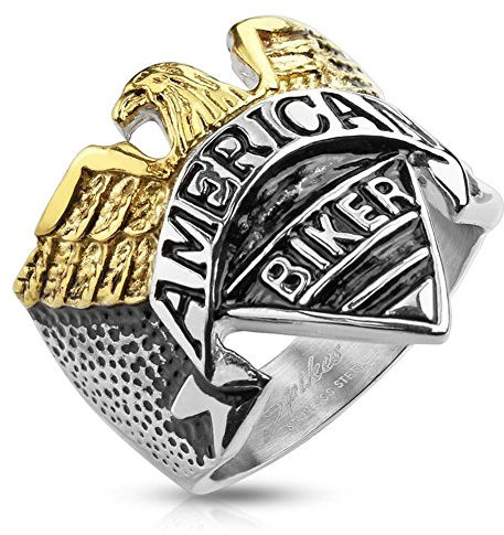 Paula & Fritz® Ring Herren Adler American-Biker Gold Silber 316L Chirurgenstahl Größe 70 (22,3) 23-mm Breite Damen-Ring Partnerring Ehering Motivring