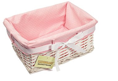 Woodluv Rectangular White Willow Wicker Hamper Storage Basket With Pink Dot Linning (Gift Hamper Basket) - Small