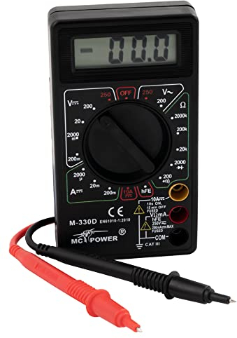 McPower Digitalmultimeter M-330D | 19 Messbereiche | Akustischer Durchgangsprüfer | Transistortest | Kompakt & Reisegeeignet | Schwarz