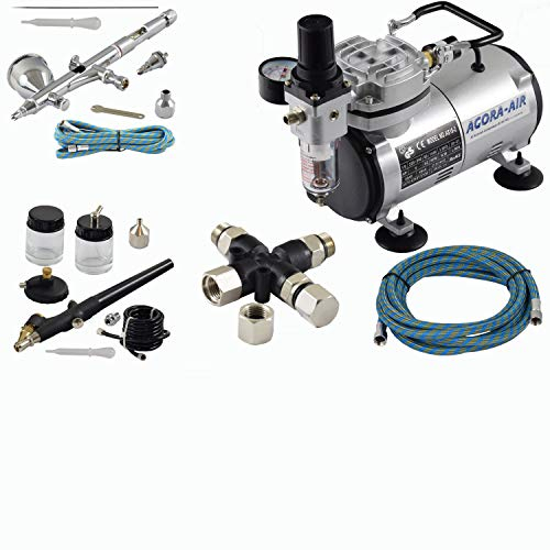 Agora-Tec® Airbrush Komplett-Set EXPERT VII.3, Komplettsystem für Airbrushanwendungen, inkl. Kompressor mit 4 bar und 20l/min + 2 Airbrushpistolen mit 0,2 & 0,3 & 0,8mm Nadeln/Düsen + 3-fach Luftdruckverteiler + 2 Schläuche + Adapter