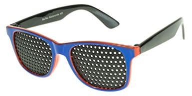 VANLO Gafas estenopeicas para niños 410-KD, gafas reticulares, rejilla de superficie completa con agujeros redondos, azules y rojos, incl. accesorios