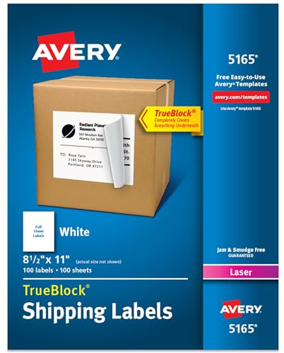 Avery Full-Sheet Printable Shipping Labels, 8.5 x 11 Customizable Stickers, White, 100 Blank Mailing Labels, Great for Mailing, Shipping, Organizing, and More (5165)