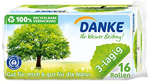 DANKE Toilettenpapier, sanftes Klopapier 3 lagig aus 100% Recycling Papier, 1 x Vorratspack mit 16 Rollen