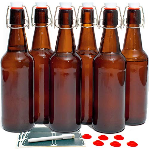 Otis classique Couvercle basculant Grolsch bouteilles en verre 453,6 gram – pour préparation du Kombucha Kéfir Bière (lot de 6), Verre, ambre, 16oz Bottle