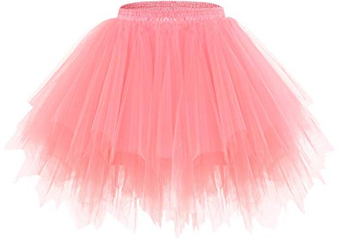 bridesmay Damen Tüll Rock Petticoat Unterrock Kurz Ballett Tutu 50er Rockabilly Tütü Mini Rock Karneval Kostüm Crinoline Rosa Coral M