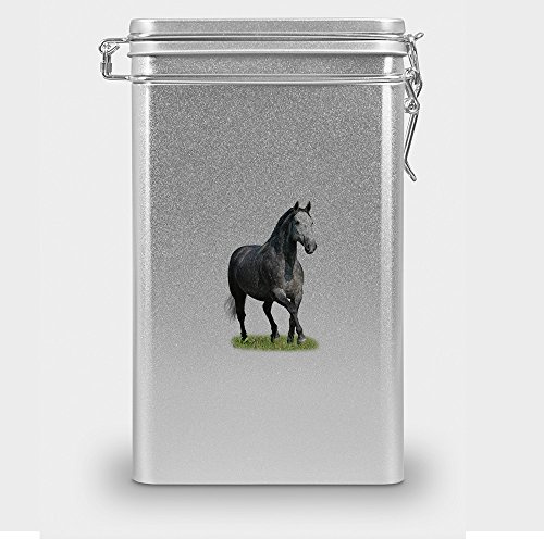 Pferdefutterdose Lipizzaner, Vorratsdose, Leckerliedose, Blech-Dose, Pferdenapf mit Motiv Lipizzaner - silber