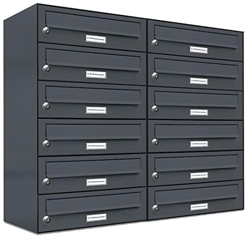AL Briefkastensysteme 12er Briefkastenanlage Anthrazit Grau RAL 7016, Premium Briefkasten DIN A4, 12 Fach Postkasten modern Aufputz