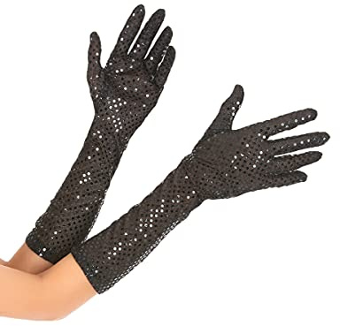 DEGUISE TOI VEGAOO - Mittellange Pailletten-Handschuhe für Damen schwarz - 1 Paar Handschuhe - Einheitsgröße - Schwarz - Accessoires - 100% Polyester - Carnaval