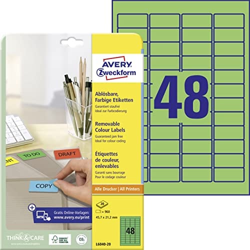 AVERY Zweckform L6040-20 Grüne Etiketten (960 Aufkleber, 45,7x21,2mm auf A4, wieder rückstandsfrei ablösbar, selbstklebende Farbetiketten, Papier matt, bedruckbare, farbige Klebeetiketten) 20 Blatt