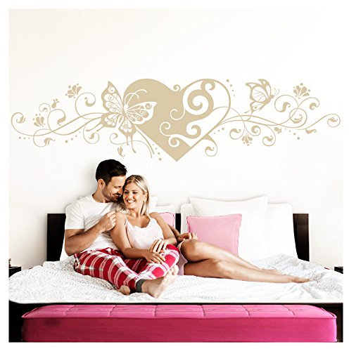 Grandora Wandtattoo Blumenranke Herz selbstklebend I beige 190 x 48 cm I Schlafzimmer Liebe Love Schmetterlinge Wandtatoo Wandaufkleber Wandsticker W642