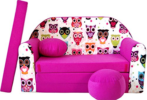 Pro Cosmo umwandelbares Kindersofa – perfekt zum Spielen und Schlafen – mit Abnehmbarer Matratze, Kissen und Pouf – 98x168x59 cm – leicht und einfach zusammenklappbar - H17 Rosa - Eulen