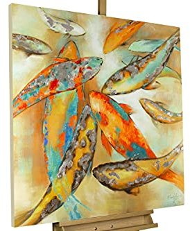 KunstLoft Leinwandbild | 100% HANDGEMALT | 80x80cm | Gemälde 'Der Koi' | Fische & Meerestiere | Bunt Gelb | Wandbild Wohnzimmer