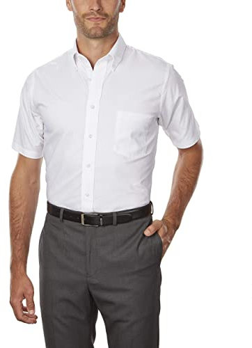 Van Heusen Men's Dress Shirt Short Sleeve Oxford Solid, White, 17.5 Neck