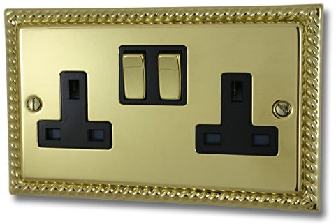 G&H Brassware MB310 13A Double Pole Georgian Polished Brass Double Socket - Metal Rockers and Black Inserts