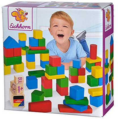 Eichhorn 100021252 50 bunte Holzbausteine, FSC 100% zertifiziertes Buchenholz, Motorikspielzeug geeignet für Kinder ab 1 Jahr