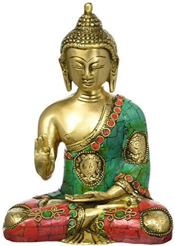 craftvatika 20,3 cm Große Buddha Statue, Messing Metall Antik Buddha Skulptur Coral Türkis Edelstein Erfolge – vitaraka ashtmangal Buddha