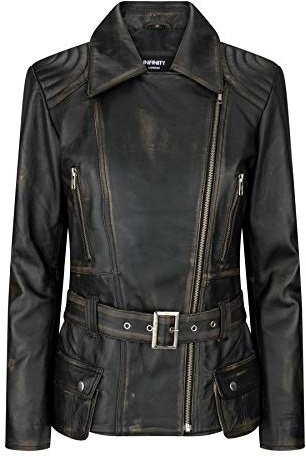 Ladies Women Brown Real Leather Smart Style Belted Fitted Jacket - black-gold XL