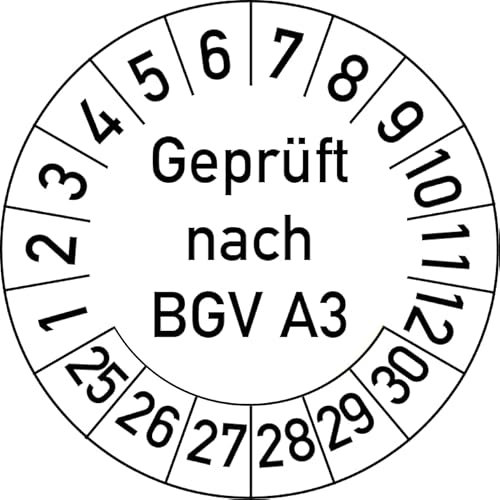 Geprüft nach BGV A3 Prüfplakette, 100 Stück, in verschiedenen Farben und Größen, Prüfetikett Prüfsiegel Plakette (35 mm Ø, Weiß)