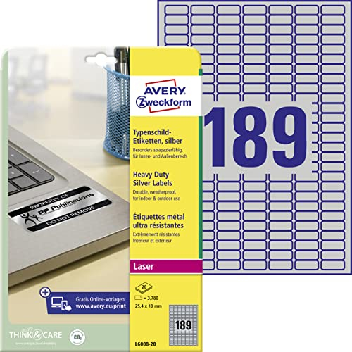 AVERY Zweckform L6008-20 Typenschild Folienetiketten (3.780 Aufkleber, 25,4x10mm auf A4, stark selbstklebend, strapazierfähig, wetterfest, bedruckbare Klebefolie, blanko) 20 Blatt, silber