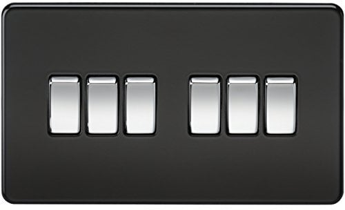 Knightsbridge SF4200MB Screwless 10 A 6-Gang 2 Way Switch, Matt Black with Chrome Rocker