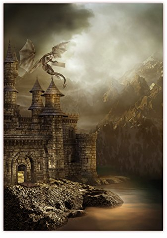 XXL Poster-Fantasy 100 x 70cm (S-830) Drachen attackiert Burg - Drachen über Festung (Lieferung gerollt!)