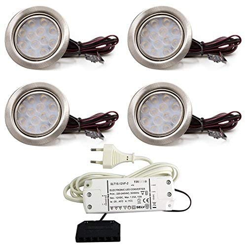 vislux 4er Set LED Möbelleuchte Einbaustrahler Edelstahl Gebürstet flach 3W warmweiß 3200K 200lm 12V + 15W LED Trafo 230V für das Wohnzimmer, Küche und Bad