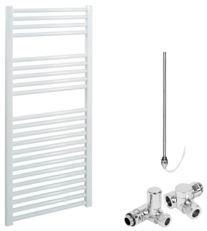 Bray Straight White Dual Fuel Heated Towel Rail/Warmer/Radiator For Central Heating And Electric. Round Tube Ladder Design, 1200 x 500