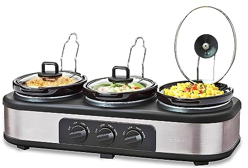 Schallen Stainless Steel Stew and Stir Slow Cooker Cooking Machine, Family Sized, Energy Efficient, Removable Ceramic Pot, Brushed Silver (Triple - 3 x 1 Litre)