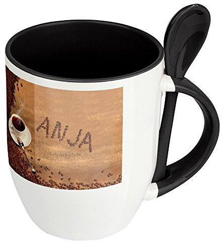 digital print Namenstasse Anja - Löffel-Tasse mit Namens-Motiv Kaffeebohnen - Becher, Kaffeetasse, Kaffeebecher, Mug - Schwarz