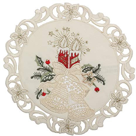 Bezaubernder Weihnachten Tischläufer/Tischdeckchen Creme-Weiß mit Rot Kerzen Glocken Stickerei - Größe wählbar (ca. 20 cm Rund)