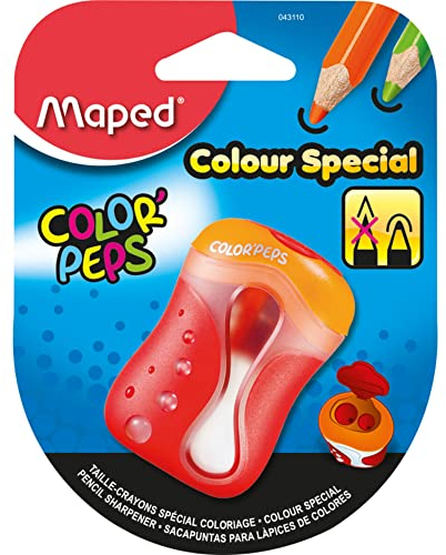 Maped - Taille-Crayon Color’Peps - 2 Trous - avec Réservoir pour Crayons de Couleur - Taille Arrondie - Avec Capot de Protection - Coloris Aléatoire