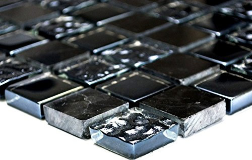 Mosaik Quadrat Crystal/Stein mix grau/schwarz Glas Naturstein Fliesenspiegel, Mosaikstein Format: 25x25x8 mm, Bogengröße: 327x302 mm, 1 Bogen/Matte