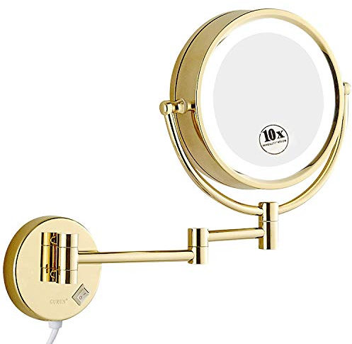 GuRun M1809Dj Miroir de maquillage lumineux avec grossissement x10 Finition dorée 21,6 cm