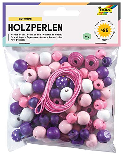 folia 22973 - Holzperlen, Unicorn-Mix, lila/pink, 60 g entspricht bis zu 85 Teilen, in verschiedenen Farben und Formen, zum Basteln von Ketten und Armbändern, inklusive 2 Schnüre je ca. 85 cm